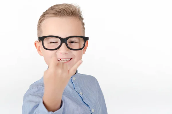 Young Caucasian Boy Glasses Blue Shirt Shows Rock Gesture Studio — Stock Photo, Image