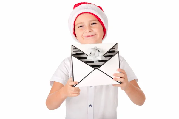 Bambino Tenendo Aperto Confezione Regalo Natale Mano Isolato Sfondo Bianco — Foto Stock