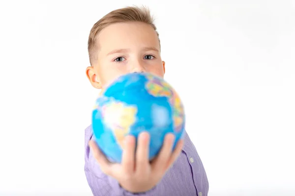 Close Young Caucasian School Boy Shows Front Globe White Studio — Stock Photo, Image