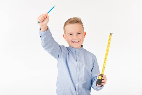 Little Boy Stretches Roulette Pencil Something Thinking Childhood Education Development — Stock Photo, Image