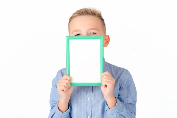 Successful Young Caucasian Schoolboy Shirt Posing White Studio Isolated Background — Stock Photo, Image