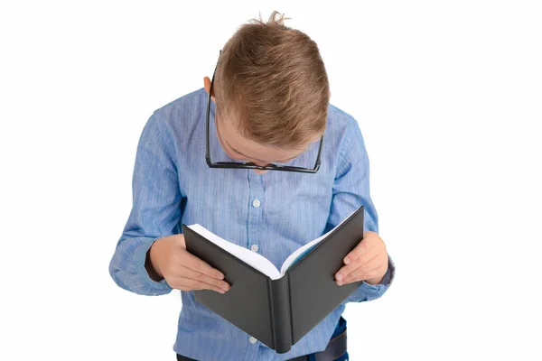 Cute Dreamy Schoolboy Lean Book Wearing Glasses While Standing Studio — Stock Photo, Image
