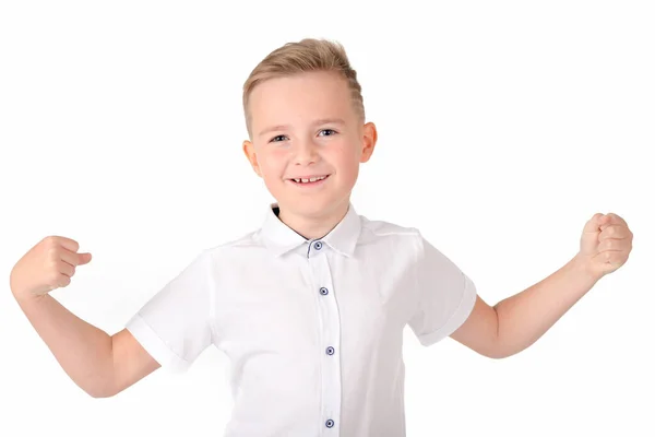 Cerca Image Fuerte Sonriente Niño Escuela Caucásico Sobre Fondo Blanco — Foto de Stock