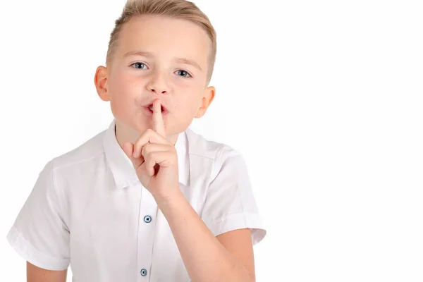 Portrait Nice Schoolboy Silence Gesture White Studio Background Stock Image