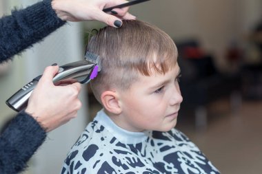 Mutlu çocuk berber salonunda ıslak saçlarıyla oturuyor ve saçını kesiyor..