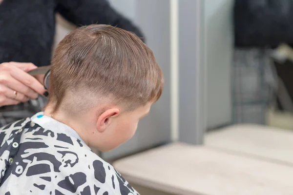 Happy calm Caucasian schoolboy sits in a barbershop and cuts hair.