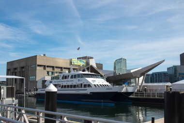 BOSTON, ABD - 20 Şubat 2018. Botlar Long Wharf, Boston 'da bir sabah bağlandı. Boston, Massachusetts, ABD.
