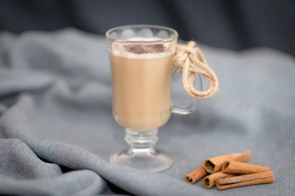传统的冬季蛋酒 在玻璃杯中加入牛奶 肉桂和巧克力 在灰色布上涂满奶油 肉桂粘在布底上 为咖啡店菜单做广告 — 图库照片