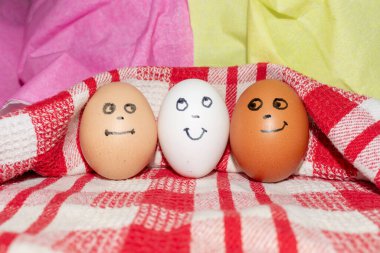 Arkadaşlık kavramı. Farklı renkte üç yumurta bir arada. Tasarımın için fotoğraf. Beyaz-kırmızı bir bileklikte yumurtalar. Yaklaş..