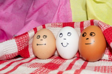 Arkadaşlık kavramı. Farklı renkte üç yumurta bir arada. Tasarımın için fotoğraf. Beyaz-kırmızı bir bileklikte yumurtalar. Yaklaş..