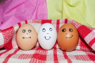 Arkadaşlık kavramı. Farklı renkte üç yumurta bir arada. Tasarımın için fotoğraf. Beyaz-kırmızı bir bileklikte yumurtalar. Yaklaş..