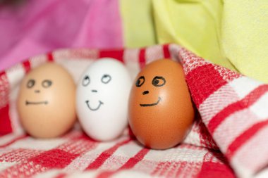 Arkadaşlık kavramı. Farklı renkte üç yumurta bir arada. Tasarımın için fotoğraf. Beyaz kırmızı kareli havluda yumurtalar. Yaklaş..