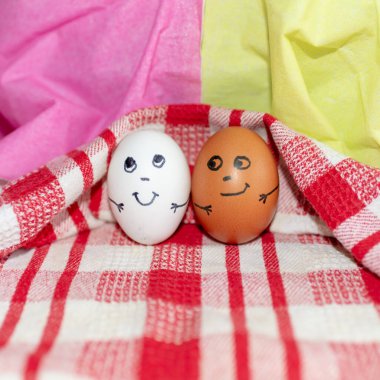 Arkadaşlık kavramı. Farklı renkte iki yumurta bir arada. Tasarımın için fotoğraf. Beyaz kırmızı kareli havluda yumurtalar. Yaklaş..