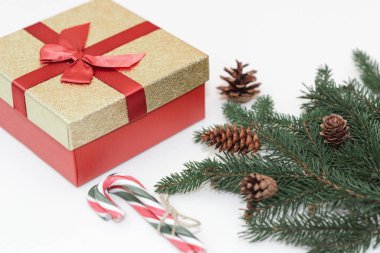 2021 Noel konsepti, hediye kutusu, dallar, köknar kozalakları ve baston şekerler beyaz arka planda.