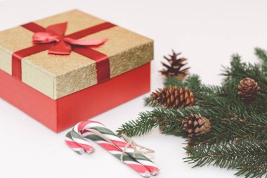 2021 Noel konsepti, hediye kutusu, dallar, köknar kozalakları ve baston şekerler beyaz arka planda.