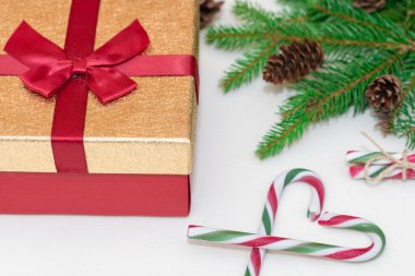 2021 noel konsepti, yeni yıl konsepti. Hediye kutusu, şeker kamışı, şeker kamışı kalp ağacı dalları, firavun ağacı dalları