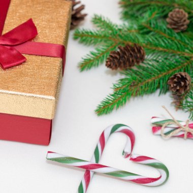 2021 noel konsepti, yeni yıl konsepti. Hediye kutusu, şeker kamışı, şeker kamışı kalp ağacı dalları, firavun ağacı dalları