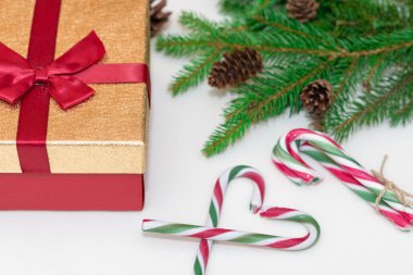 2021 noel konsepti, yeni yıl konsepti. Hediye kutusu, şeker kamışı, şeker kamışı kalp ağacı dalları, firavun ağacı dalları