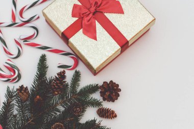 Noel konsepti, yeni yıl konsepti. Hediye kutusu, şeker kamışı, baston şeker Noel ağacı dalları. Firavun ağacı dalları, kapatın. Ses tonu. Beyaz arkaplan..