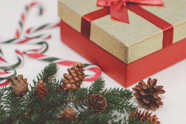 Noel konsepti, yeni yıl konsepti. Hediye kutusu, şeker kamışı, baston şeker Noel ağacı dalları. Firavun ağacı dalları, kapatın. Ses tonu. Beyaz arkaplan..