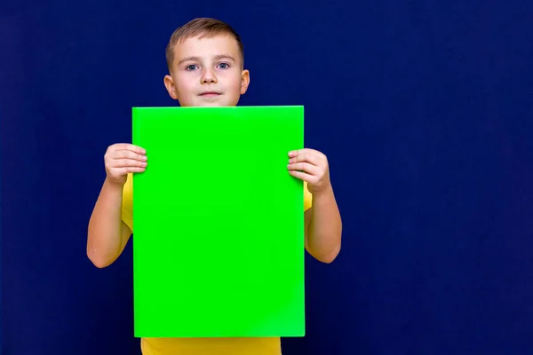 幸せな素敵な穏やかな白人の子供男の子開催緑のポスターのためにあなたの情報のためにあなたの青の背景 — ストック写真