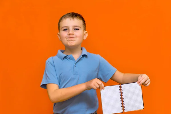 Erfolgreicher Kaukasischer Junge Blauen Shirt Hält Leere Notizbuchwerbung Der Hand — Stockfoto