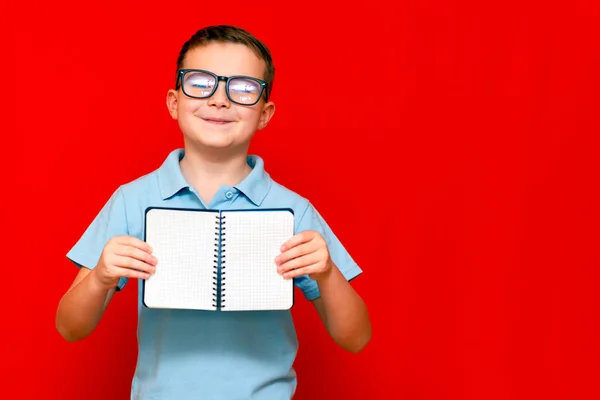 Erfolgreicher Ernster Kaukasischer Junge Hellblauem Shirt Und Brille Zeigt Mit — Stockfoto
