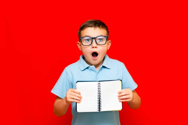 Mouth Open Surprised Caucasian Boy Light Blue Shirt Eyeglasses Holds — Stock Photo, Image