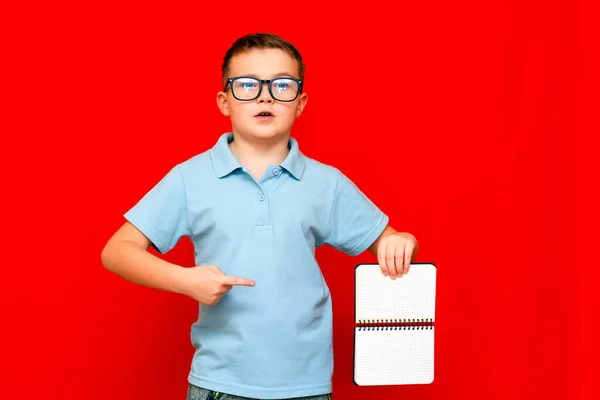 Cuccessful Serious Caucasian Boy Light Blue Shirt Glasses Holds Shows — Stock Photo, Image