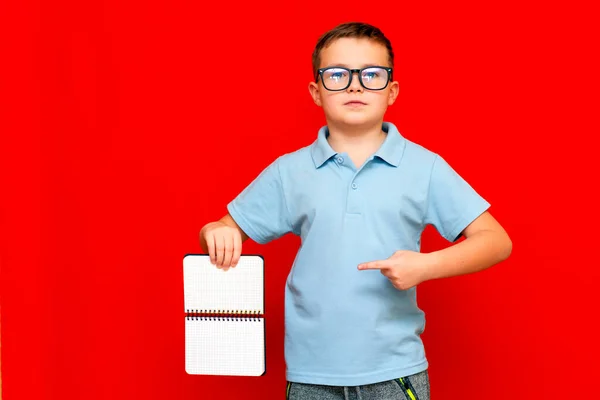 Cuccessful Serious Caucasian Boy Light Blue Shirt Glasses Holds Shows — Stock Photo, Image