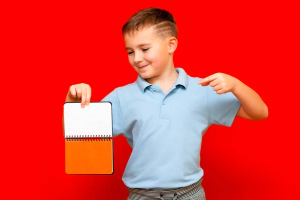 ライトブルーのTシャツを着た奇妙な成功した笑顔穏やかな 原因の少年は 空白のノートブランドのバナーで指で示しています 少年は空白のスペースを示す 明るい赤の隔離されたスタジオの壁 — ストック写真