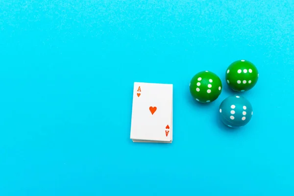 Ace Hearts Three Dice Lie Blue Pastel Background Top View — Stock Photo, Image