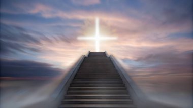 Güzel bir dini geçmiş. Bulutlu gün doğumu, cennete giden merdivenler, cennetten gelen parlak ışık, gökyüzüne çıkan merdivenler. Gökyüzünden gelen ışık. Din kavramı. Bulanık yumuşak resim.