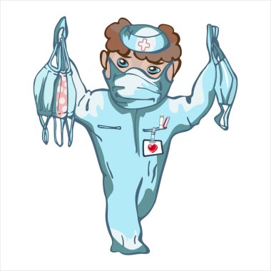 Doktor kıyafetleri ve maskesi takan doktor. Nazik, özenli gözler. Tıbbi üniformalı bir erkek figürünün vektör görüntüsü. Çocuklar için olumlu imaj.