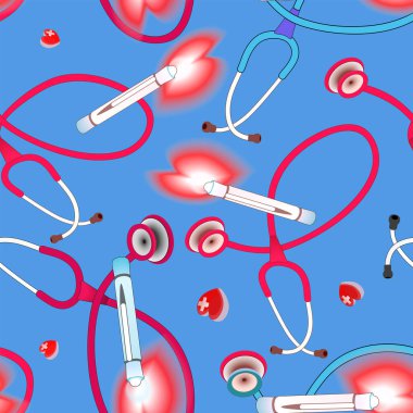 Mavi arka planda tıbbi dokular. Doktorun steteskopu. Tıbbi el feneri kırmızı kalp şeklinde parlar. Kalp şeklinde tabletler ve tıbbi haçlar.