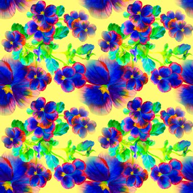 Sarı arka planda bir buket viyola çiçeğinin suluboya resmi. Yaprakların ve cilt bakterilerinin pürüzsüz arkaplanı. Kumaş, ambalaj ve selamlar üzerine dekorasyonunuz için çok renkli yaz dokusu.