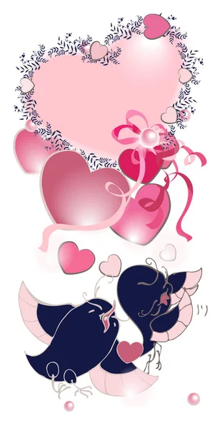 Postal Vertical Con Los Pájaros Del Amor Corazones Cintas Perlas — Vector de stock