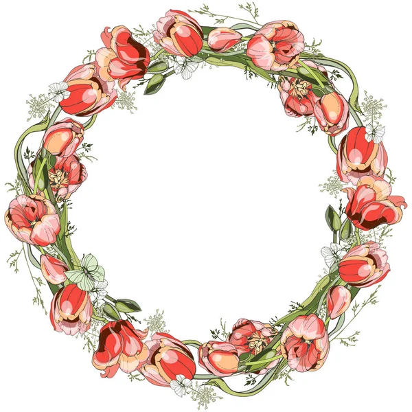 A wreath of pink, red tulips with green leaves.Empty middle for the label. For decoration, greeting cards, prints on fabric. Easter card.