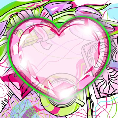 Pembe kalp şeklinde bir kartpostal. Kafede bir masanın grafiksel çizimi. Şekerler ve bir buket lale. Sevgilin için bir hediye..