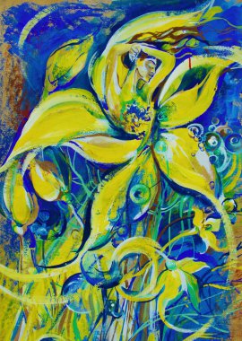 gouache for photo printing posters.Colorful blue-yellow image of petals and flowers. A beautiful woman with her hands up. clipart