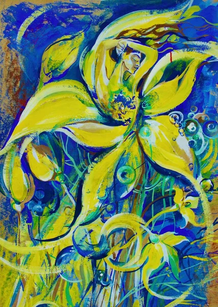 Цветные Сине Желтые Изображения Лепестков Цветов Красивая Женщина Поднятыми Руками — стоковое фото