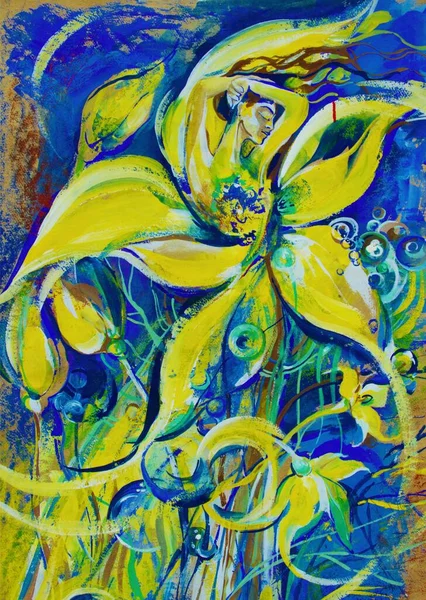 gouache for photo printing posters.Colorful blue-yellow image of petals and flowers. A beautiful woman with her hands up.