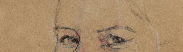 クラフト紙に色鉛筆で人の顔のグラフィックドローイング ラベルをありがとう 人間の目 バナーの水平組成 デジタルラスター — ストック写真