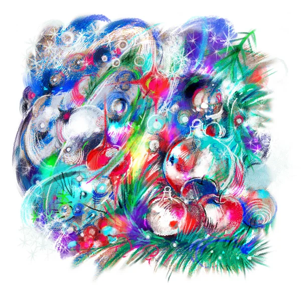 2021年新年クリスマス 白い背景にクレヨンやペイントが施されたカラフルなドローイング クリスマスの装飾 クリスマスツリー フルーツ ボール ベリー 渦の中の空間 — ストック写真