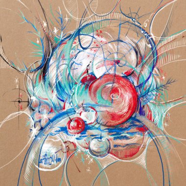 2021 Yeni Yıl. Noel zamanı. Renkli çizimler, pastel boyalar ve Kraft kağıdının üzerine boyalar. Doğal malzemeler. Kartpostalları, ambalajları ve kağıt torbaları süslemek için. Soyut stil resim kompozisyonu..