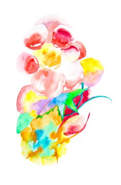 Suluboya çiçek. Renkli çok renkli gökkuşağı bulanık çizimi. Bir buket çiçeğin soyut çizimi. Kartpostallar ve yazıtlar için arka plan. Kumaşlar için. Duvardaki resim. Parlak çizim