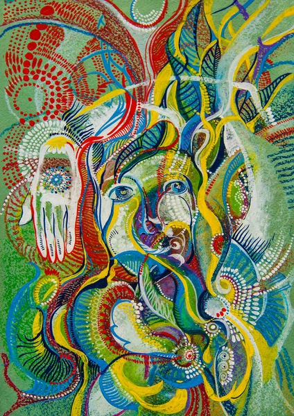 Рисование Гуашь Акрил Зеленой Бумаге Племенная Женщина Красочный Растровый Рисунок — стоковое фото