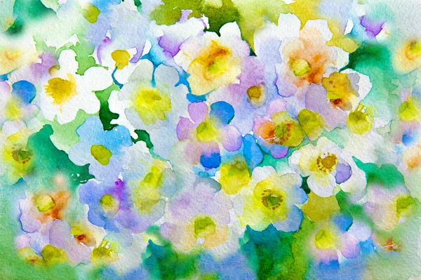 白い花びらの花の多く 水彩画 質感のある白い紙に春の花の水彩画 絵葉書 包装や織物のためのカラフルな絵 イースター休暇 カードのラベルの背景 — ストック写真