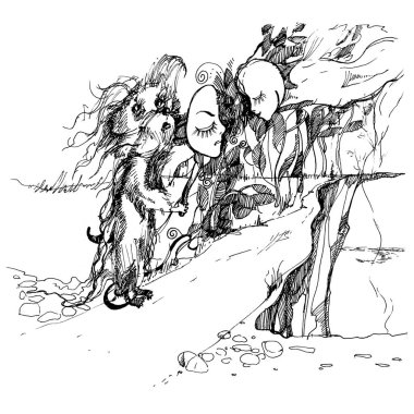 Arka ayaklarının üzerinde duran maskeli bir köpek. Siyah ve beyaz yumurtadan çıkıyor. Psikedelik el çizimi. Bir ilişkinin ya da deneyimin resmi. Birlik ve gerçeküstücülük. Duvarda, bir kitapta..