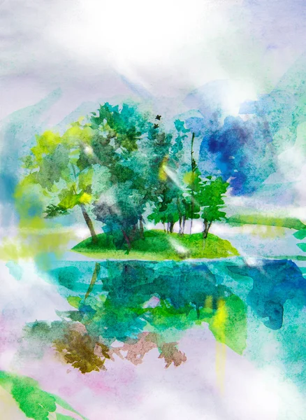 Île Avec Les Arbres Paysage Été Aquarelle Image Panoramique Sur — Photo